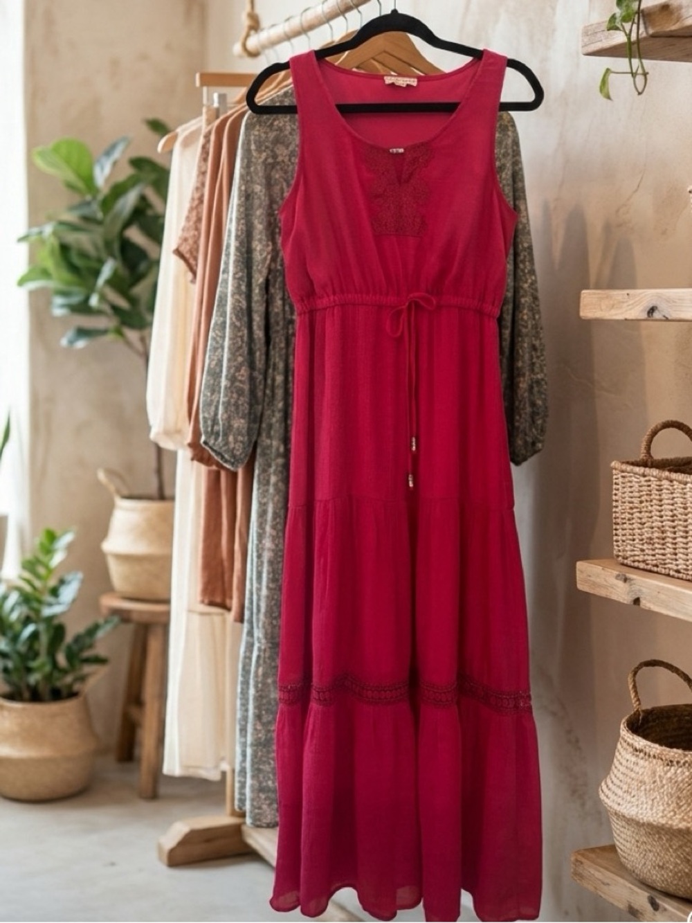 Indigo Rose Sleeveless Fuchsia Maxi Dress with Drawstring Waist
